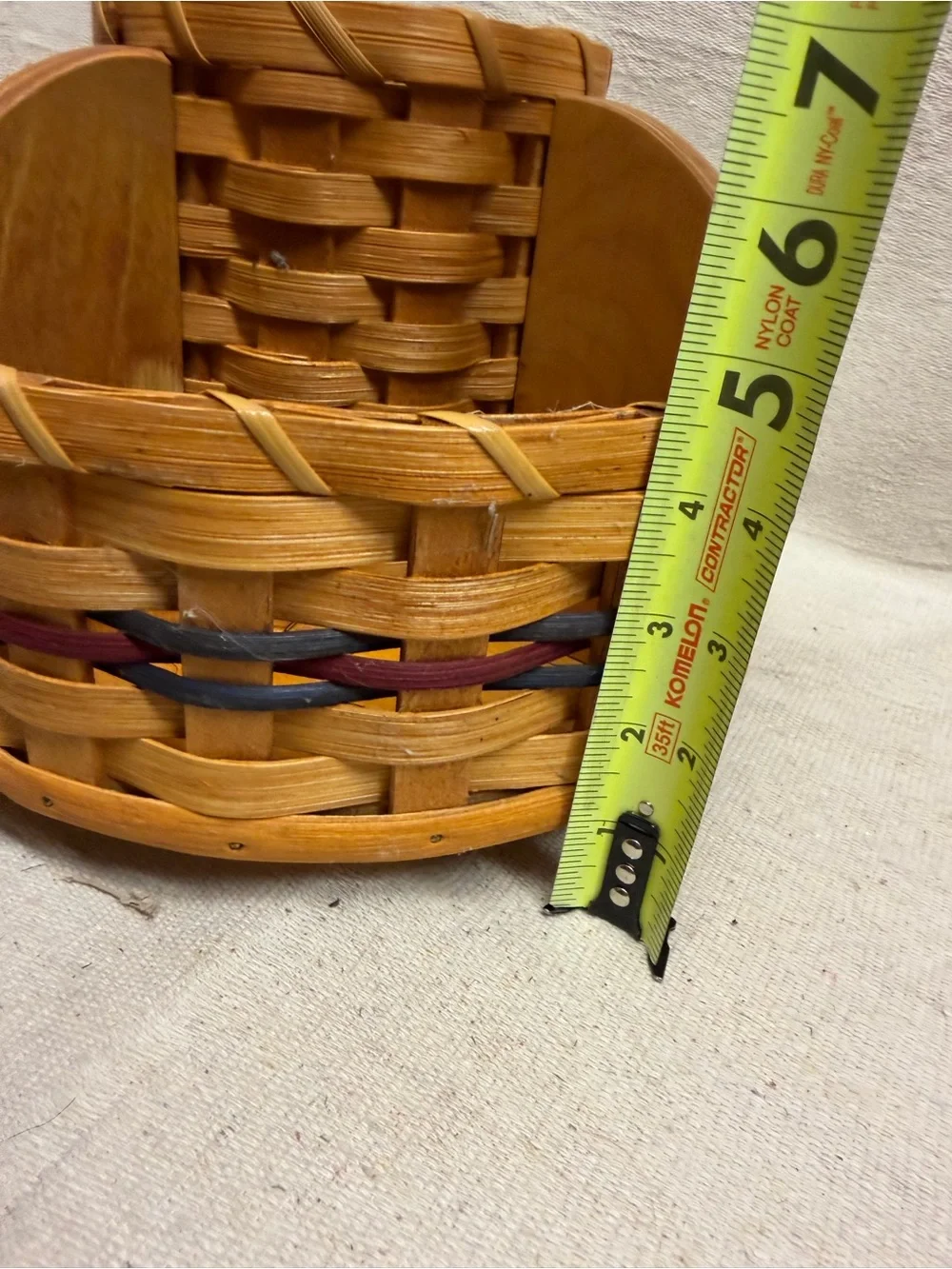 Handwoven Rotating Bamboo Organizer Basket with Navy & Burgundy Accents